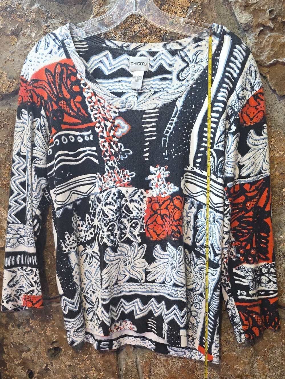 Chico's Women's Black & Red Patterned Long Sleeve Tee